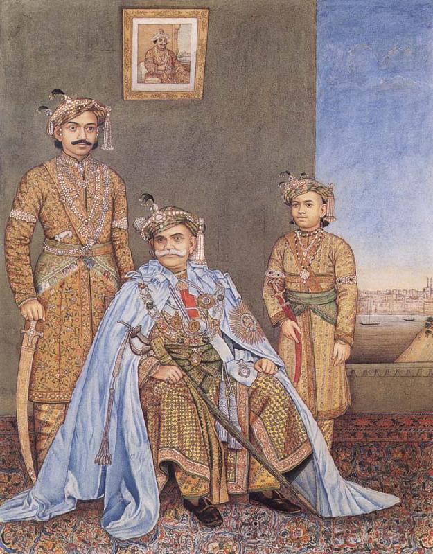 Madho Prasad,Ramnagar His Highness Ishwari Prasad Narayan Singh,Maharaia of Benares Seated,with Prabhu Narayan Singh and Aditya Narayan Singh Standing Behind as well as a p oil painting picture